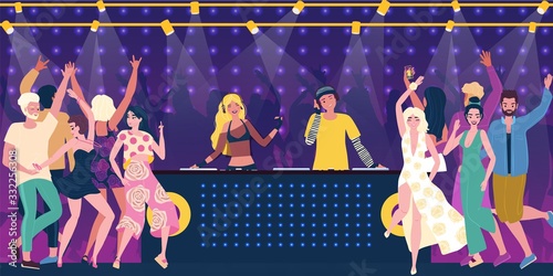 Company party characters of human, man and woman in nightclub, young people drink alcohol, flat vector illustration. Bartender bar treat alcohol. Billboard night club, youth hangout, night life.