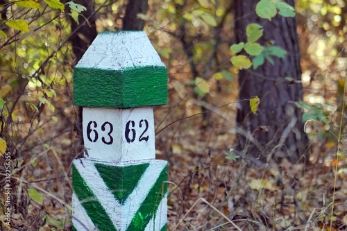 Close-up of small wooden white and green border pillar at the forest