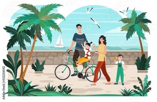 Character man, woman, kid, summer family walking, bike travel, rest promenade, flat vector illustration. Father, mother, kid walk seafront, ocean shore, vacation and holiday. Design web banner.