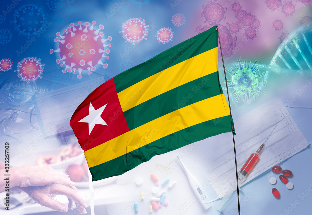 Coronavirus (COVID-19) outbreak and coronaviruses influenza background as dangerous flu strain cases as a pandemic medical health risk. Togo Flag with corona virus and their prevention.