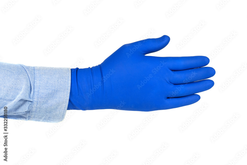 Hand in sterile rubber gloves isolated on white. Close-up. The concept of cleanliness and hygiene. Hand in sterile rubber gloves isolated on white. Close-up. The concept of cleanliness and hygiene.