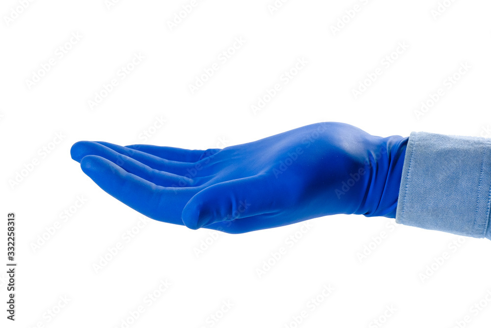 Hand of a man in a blue rubber glove isolated on a white background. Hand of a man in a blue rubber glove isolated on a white background.
