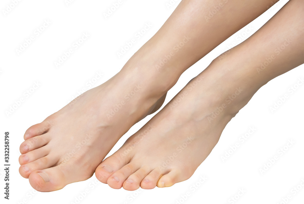 naked female legs, feet tilted to the side, closeup, front view, isolated on white background naked female legs, feet tilted to the side, closeup, front view, isolated on white background