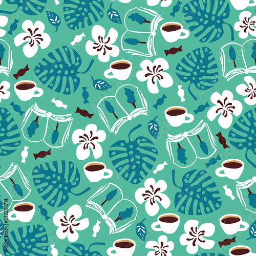 Books, coffee cups, sweets, flowers and leaves seamless vector pattern. Doodle surface print design.