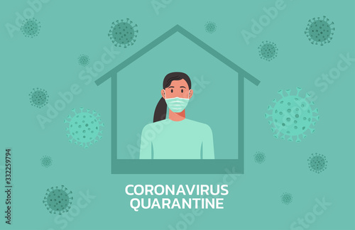 woman with surgical or medical face mask stay at home to prevent virus spreading, flu prevention, coronavirus, covid-19, social isolation, self quarantine, new normal concept, vector character cartoon