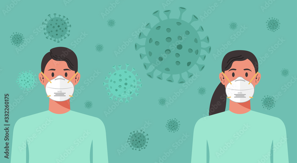 man and woman with n95 mask stay at home to prevent virus spreading, flu prevention, coronavirus or covid-19, social isolation, self quarantine, new normal concept, vector character cartoon man and woman with n95 mask stay at home to prevent virus spreading, flu prevention, coronavirus or covid-19, social isolation, self quarantine, new normal concept, vector character cartoon