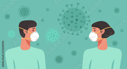 man and woman wearing n95 mask stay at home to prevent virus spreading, flu prevention, coronavirus or covid-19, social isolation, self quarantine, new normal concept, vector character cartoon