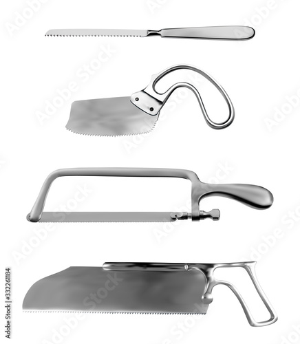 Set of surgical saws. Charriere Bone Saw, Plaster saw Bergman, Satterlee Bone Saw, Metacarpal saw Langenbeck. Manual surgical instrument. Isolated objects on a white background. Vector illustration.