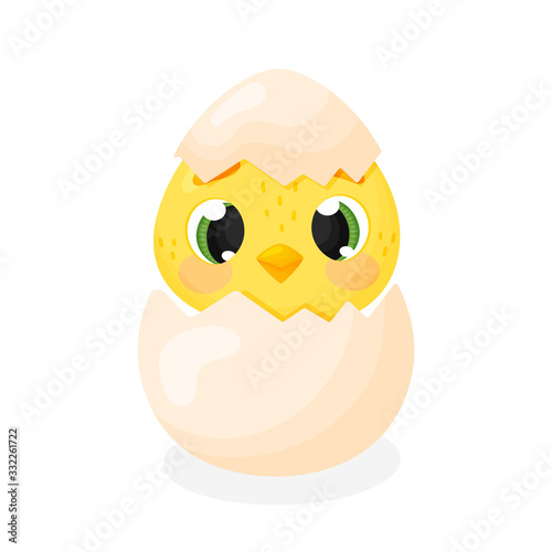 Easter chick in a shell. Cute cartoon Chicken isolated on white background. Little funny character. Vector illustration.
