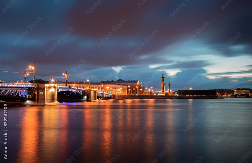 Illuminated Palace Bridge, Neva and raster columns