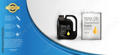Bottle engine oil Canister of engine motor oil, full synthetic clinging molecules protection. Vector illustration with realistic canister and motor oil splashes on bright background.
