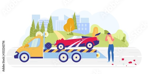 Man in Despair Standing near Tow Truck with Car.