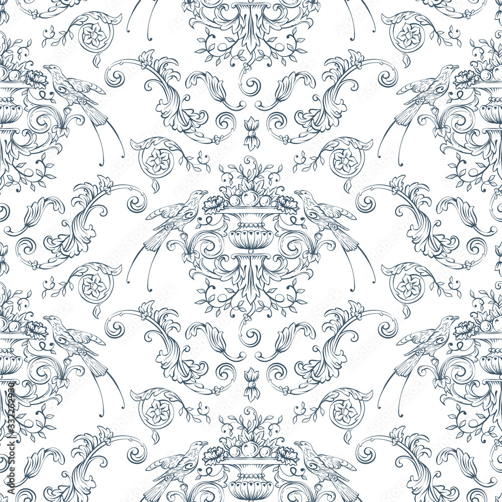 Seamless pattern with baroque, rocco style birds and swirls elements