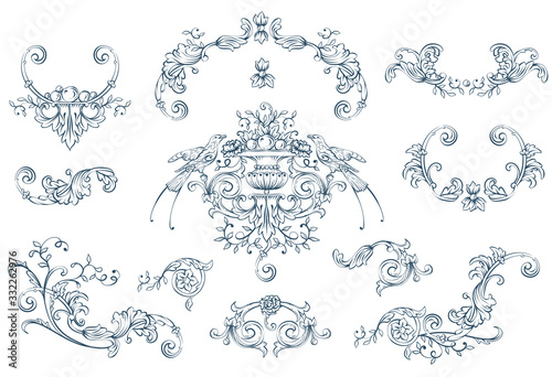 Floral decorative vector elements set, rococo and baroque style, vintage royal details