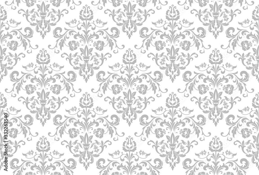 Floral pattern. Vintage wallpaper in the Baroque style. Seamless vector background. White and grey ornament for fabric, wallpaper, packaging. Ornate Damask flower ornament.