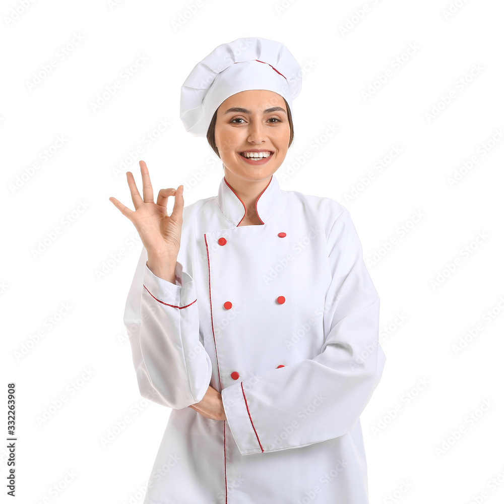 Portrait of female chef on white background Portrait of female chef on white background