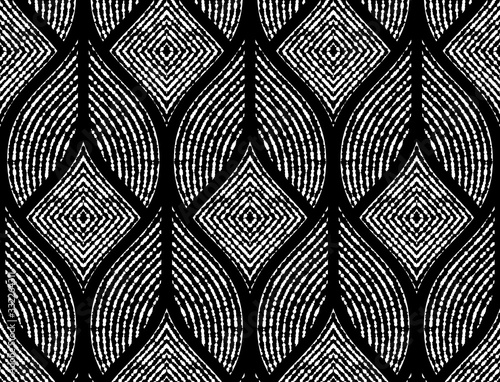 The geometric pattern with wavy lines, points. Seamless vector background. White and black texture. Simple lattice graphic design