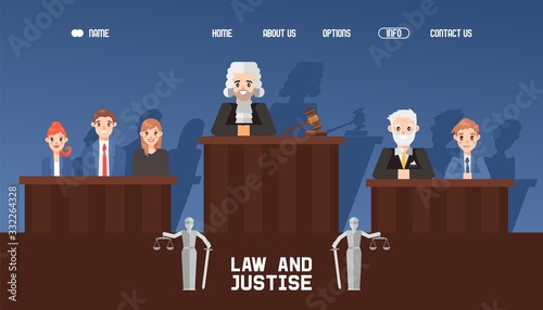 Banner web law and justice, court with jury and judge, waiting case vector illustration. Contact, about us, home, options button. Flat website design template and banner, court hall.