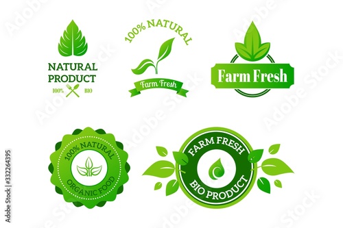 Natural product icon, fresh and bio food isolated on white, vector illustration. Badge, ecology logo, label, clean food business card, 100 organic production from farm, household.