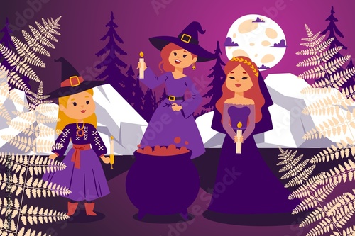 Night coven, flat character girl witch in magical hat, dress, night under moon vector illustration. Education little sorceress do spell, alchemy, and curse. Poster, greeting card, web banner.