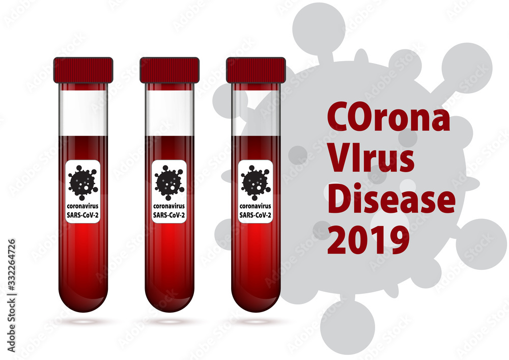 Three test tube with blood with label COVID-19 illustration