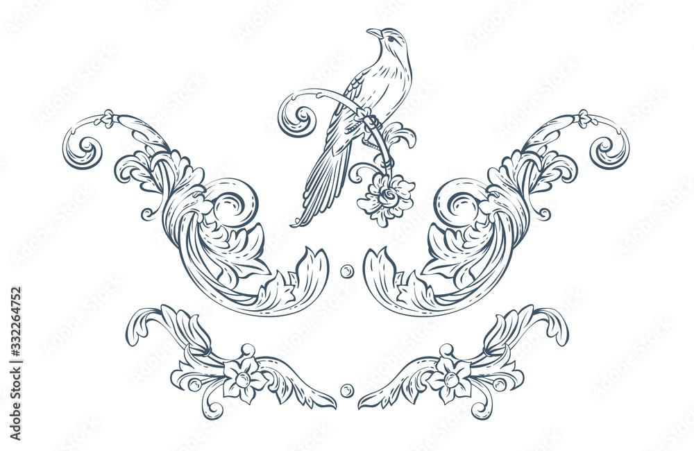 Floral decorative vector elements with bird, rococo and baroque style