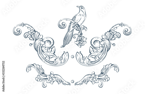 Floral decorative vector elements with bird, rococo and baroque style