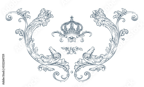 Floral decorative vector elements with crown, rococo and baroque style