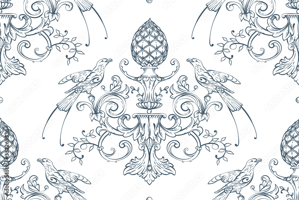 Seamless pattern with baroque luxury decorative elements, rocco style birds, cone and fashion swirls