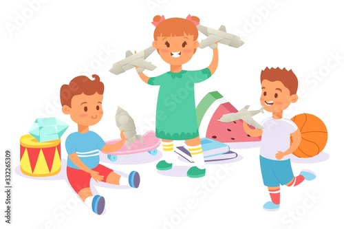 Fototapeta Naklejka Na Ścianę i Meble -  Child character play with paper airplane, drum, skateboard, and stuffed toy, isolated on white, cartoon vector illustation. Funny kid play in place. Design origami for poster, banner and website.