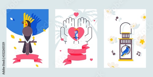 Parrot care, wild bird rescue, banner with parakeet, totem and lamp, flat vector illustration. Design tropical wildlife poster with text place, brand name, business card.