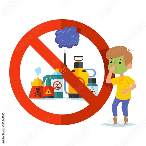 Poison for insect, pests control, character man sick, sign ban isolated on white, flat icon vector illustration. Design toxin for poster, web banner and card. Male vomiting after poison.