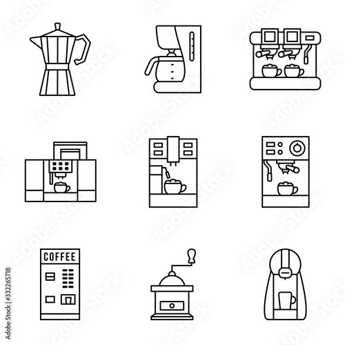Coffee maker flat line icon set. Different types of coffee machines. Capsule, espresso, cappuccino latte and grinder. Concept for web banners and printed materials. Editable strokes.