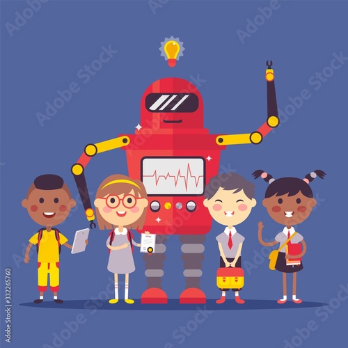 Robot character, child, automatic device, teaching children to develop robot, isolated on blue, flat vector illustration. Design poster, web banner. Technological process for building machine.