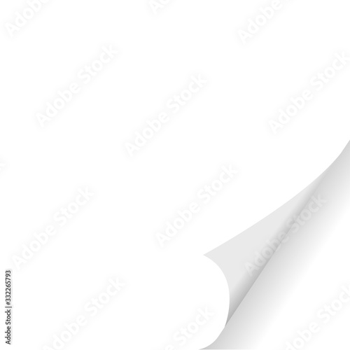 White curled paper corner with shadow. 3D page corner spun. Empty sheet of paper.