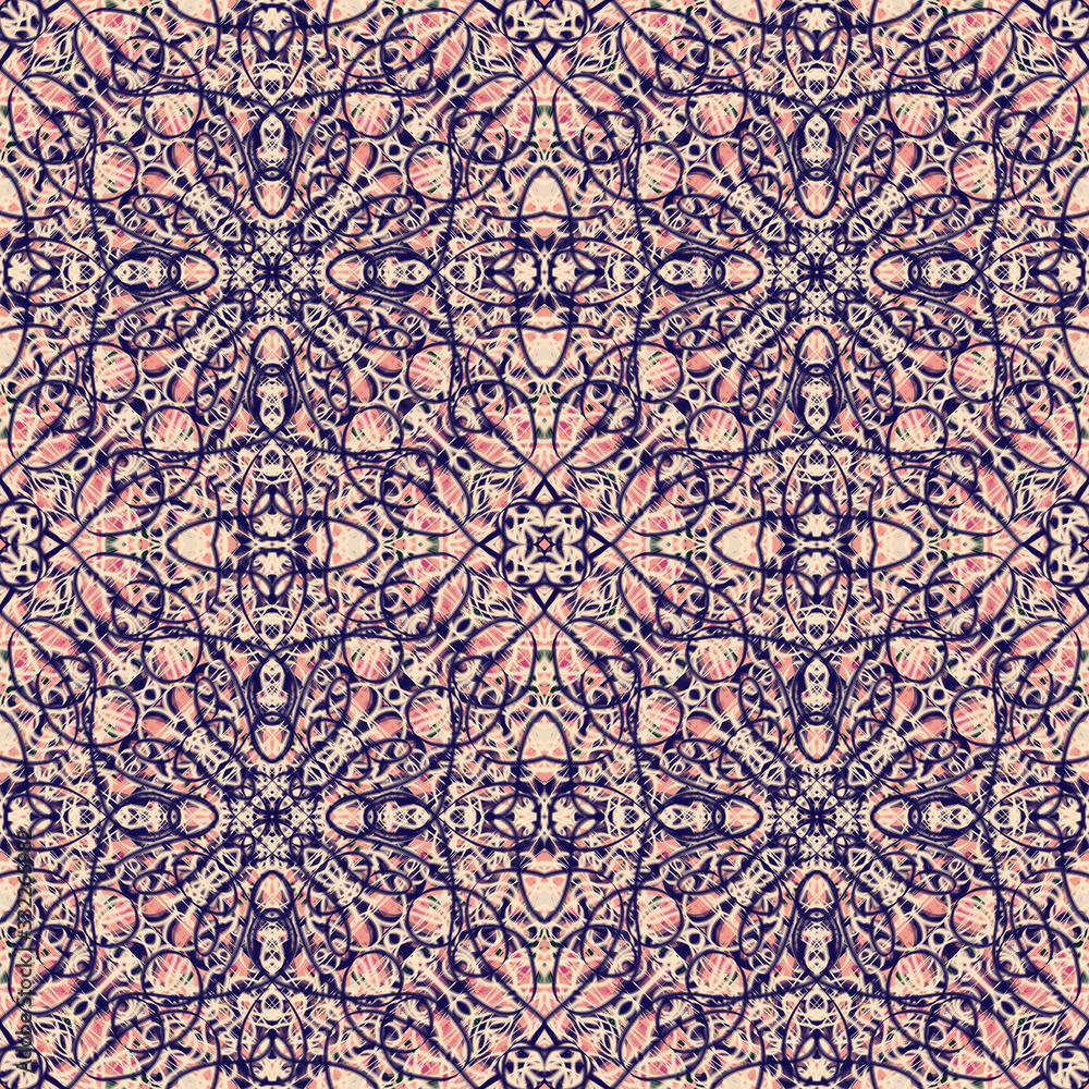 abstract floral ornaments drawn with dark blue lines on a light pink background, seamless pattern, illustrations,