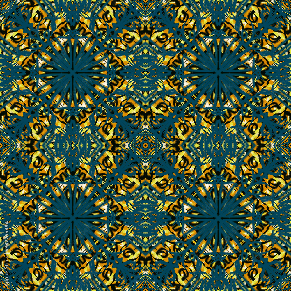 abstract gold and black colors background with dark blue hand drawn ornaments, seamless pattern, illustrations,