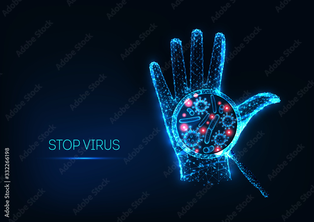 Futuristic stop coronavirus concept with glowing low polygonal human hand and virus cell - obrazy, fototapety, plakaty 