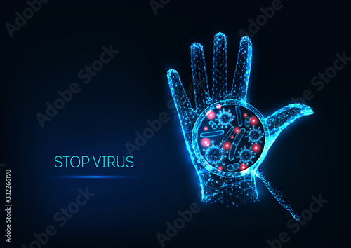 Futuristic stop coronavirus concept with glowing low polygonal human hand and virus cell