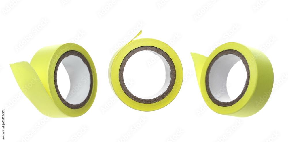 Set yellow paper duct, repair, adhesive tape roll isolated on white background, clipping path Set yellow paper duct, repair, adhesive tape roll isolated on white background, clipping path