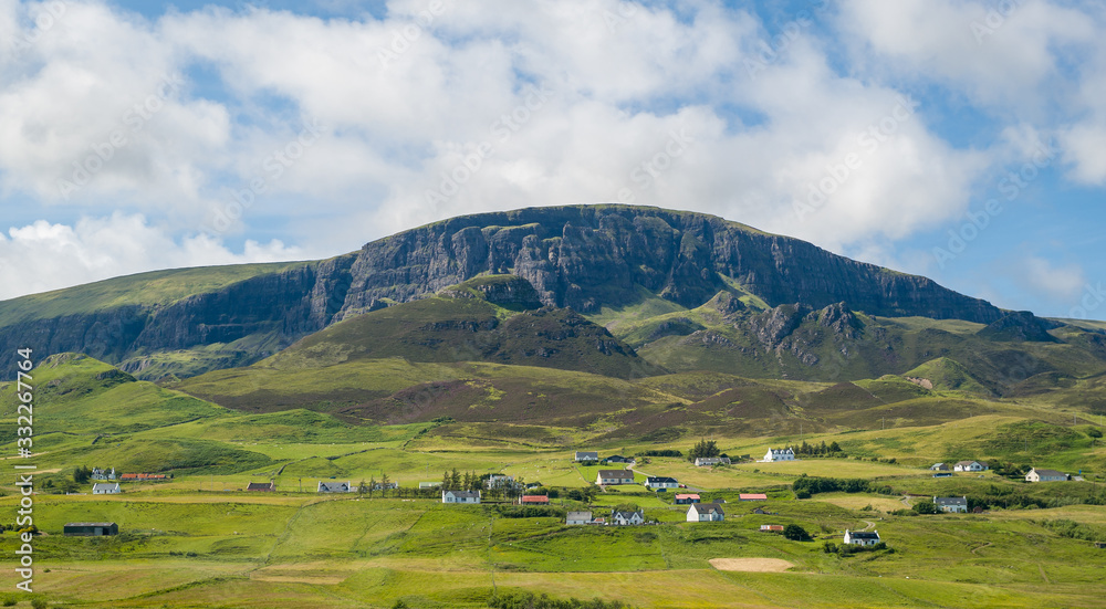 Scenic rural landscape of scottish highlands. Island of Skye, Hebrides archipelago, Scotland.