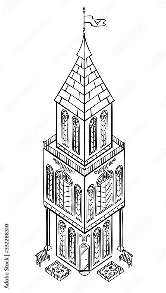 Linear illustration of the building, architecture old isometry illustration