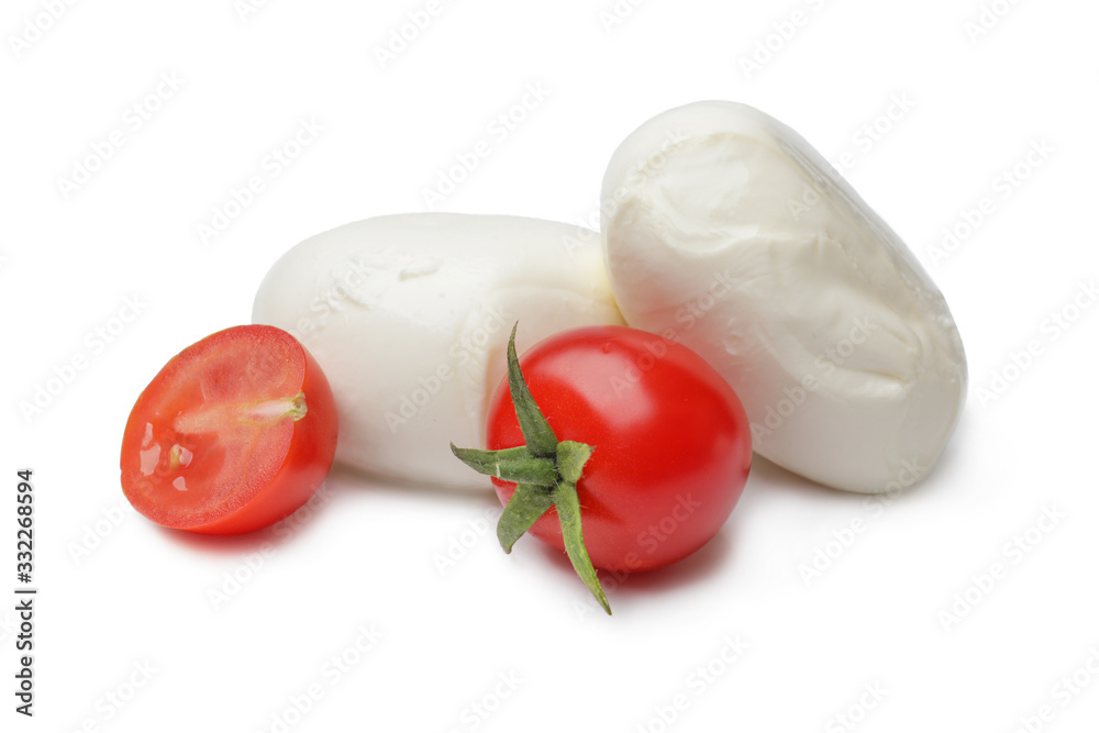 Mozzarella cheese with tomatoes on white background Mozzarella cheese with tomatoes on white background