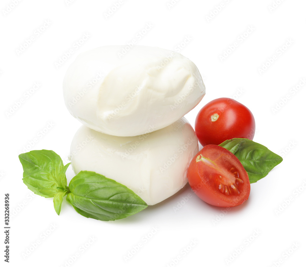 Mozzarella cheese with basil and tomatoes on white background Mozzarella cheese with basil and tomatoes on white background