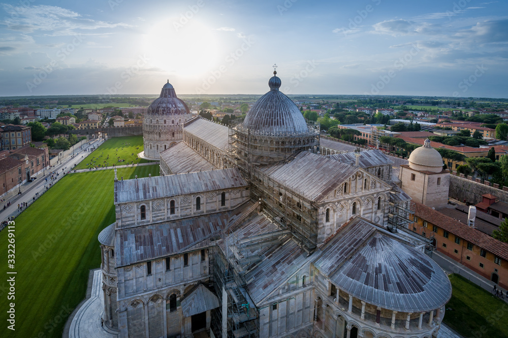Duomo di Pisa aerial view at evening light. Toscana province, Italy.