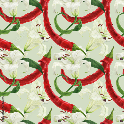 Fotografija Red chili pepper and lily white flower watercolor seamless pattern