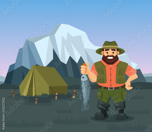 Fisherman holding caught fish in his hand vector illustration. Fishing in wild natural landscape, snowing mountains. Happy cartoon character stands outdoors in open air next to tent.