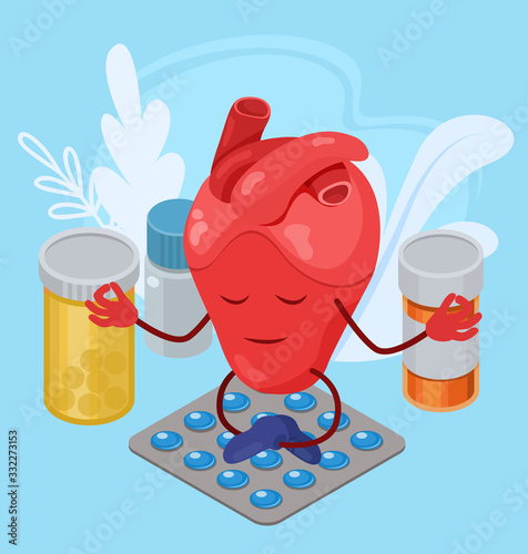 Heart support with medicines for health vector illustration concept. Heart funny character sits calm, meditate in lotus position among pills. Treating, sedative, antidepressant pharmaceutical drugs.