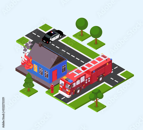 Fire in house, fire truck engine and police car near burning building vector illustration isometric. Firefighting rescue emergency protection service equipment for flaming home. Nobody.