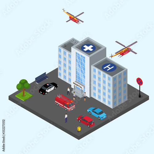 Hospital building vector illustration isometric. Emergency medical ambulance healthcare service. Police and fire truck with stairs in front of hospital entrance. Helicopters for transporting patients.